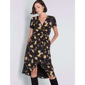 Modcloth | Poetic Presence Faux Wrap Black & Yellow Floral Midi Dress | S